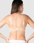 Kami, mother of 2-to-be, displaying the rear view of Forever Yours Frappe, highlighting its 6 rows of hooks and eyes for adaptable comfort. Discover the Contour Padded Nursing maternity bra by Hotmilk Lingerie US, designed for maternity, nursing, and breastfeeding