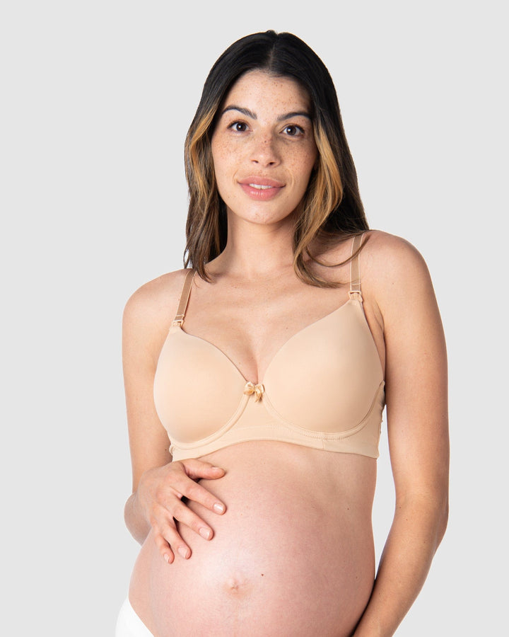 Kami, mother of 2, elegantly wearing the Forever Yours Frappe contour bra, a perfect choice for maternity, nursing, and breastfeeding, in 10/32D from Hotmilk Lingerie US. This bra provides flexiwire support with a contour padded cup, ensuring exceptional comfort, style, and shaping