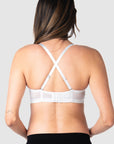 Rear view of Hotmilk Lingerie's Forever Yours contour nursing bra by Hotmilk Lingerie US, showcasing 6 rows of hooks and eyes for enhanced flexibility, along with convertible straps designed to provide versatility under clothing during pregnancy and nursing