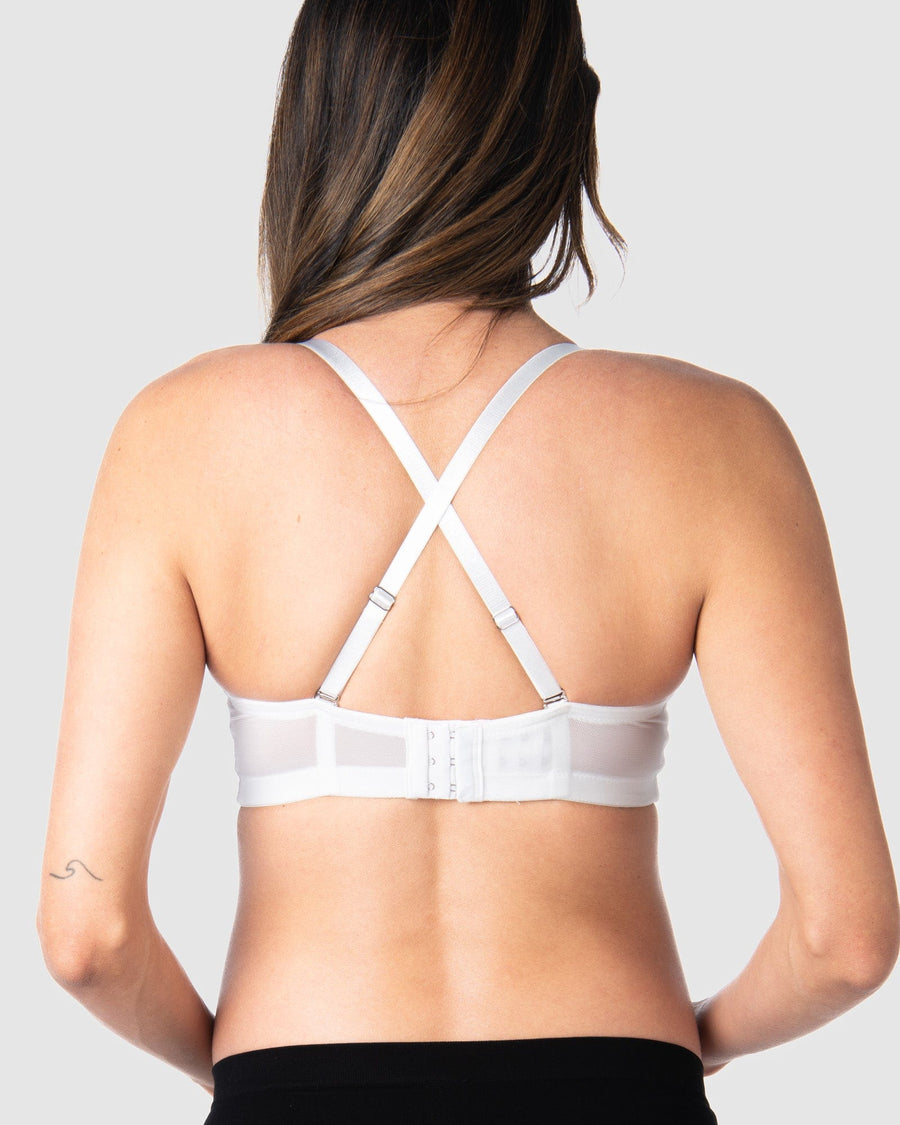 Rear view of Hotmilk Lingerie's Forever Yours contour nursing bra by Hotmilk Lingerie US, showcasing 6 rows of hooks and eyes for enhanced flexibility, along with convertible straps designed to provide versatility under clothing during pregnancy and nursing