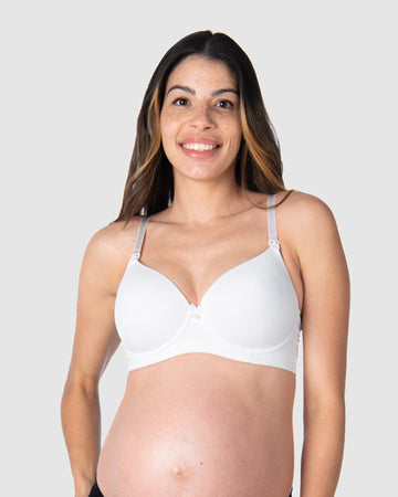 Kami, mother of 2-to-be, radiates pregnancy glow in the Forever Yours maternity, nursing, and breastfeeding bra (10/32D) from Hotmilk Lingerie US. Enjoy unparalleled comfort, style, and shaping with flexiwire support and a contour padded cup