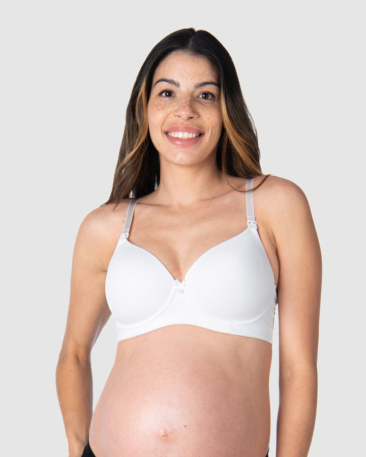 Kami, mother of 2-to-be, radiates pregnancy glow in the Forever Yours maternity, nursing, and breastfeeding bra (10/32D) from Hotmilk Lingerie US. Enjoy unparalleled comfort, style, and shaping with flexiwire support and a contour padded cup
