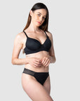 Emily, mother of 1, embracing comfort and style in the Forever Yours maternity, nursing, and breastfeeding bra in 10/32C from Hotmilk Lingerie US. This bra offers flexiwire support with a contour padded cup, providing unmatched comfort, style, and shaping
