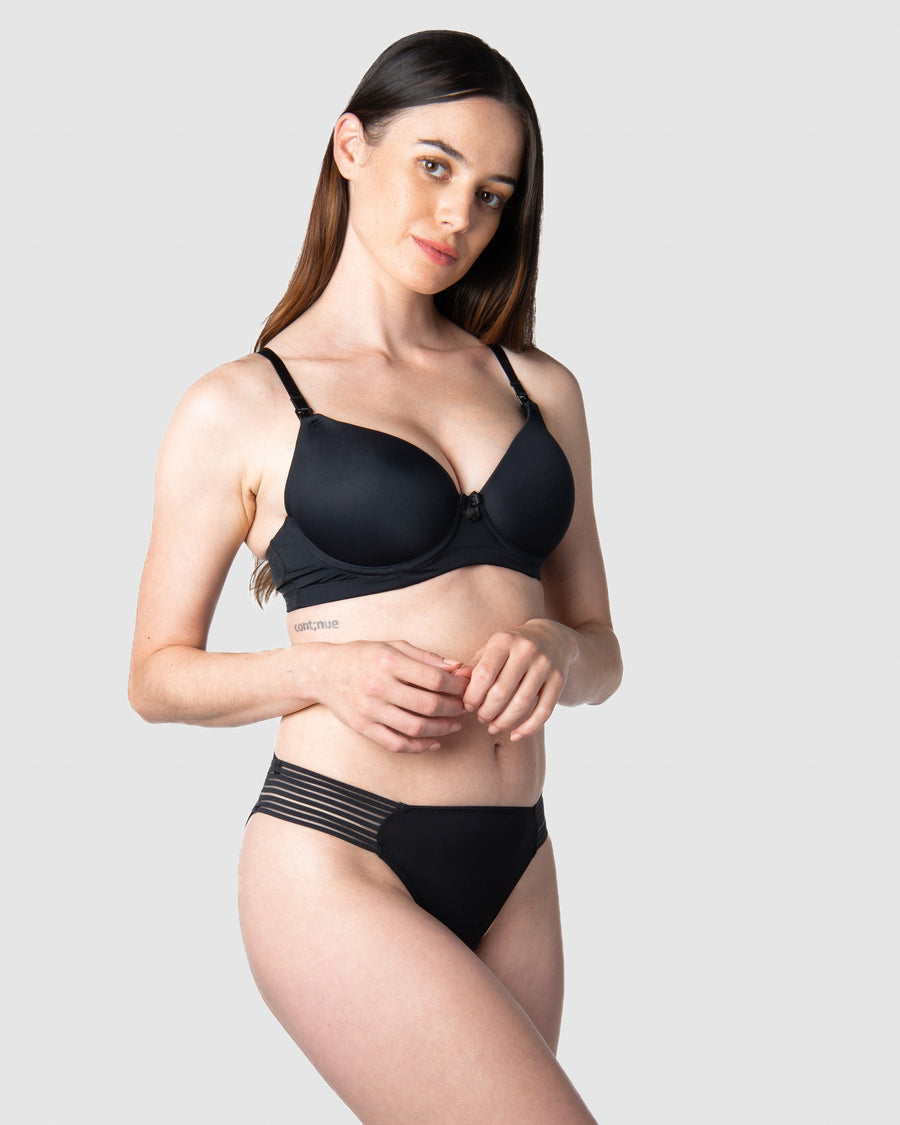 Emily, mother of 1, embracing comfort and style in the Forever Yours maternity, nursing, and breastfeeding bra in 10/32C from Hotmilk Lingerie US. This bra offers flexiwire support with a contour padded cup, providing unmatched comfort, style, and shaping