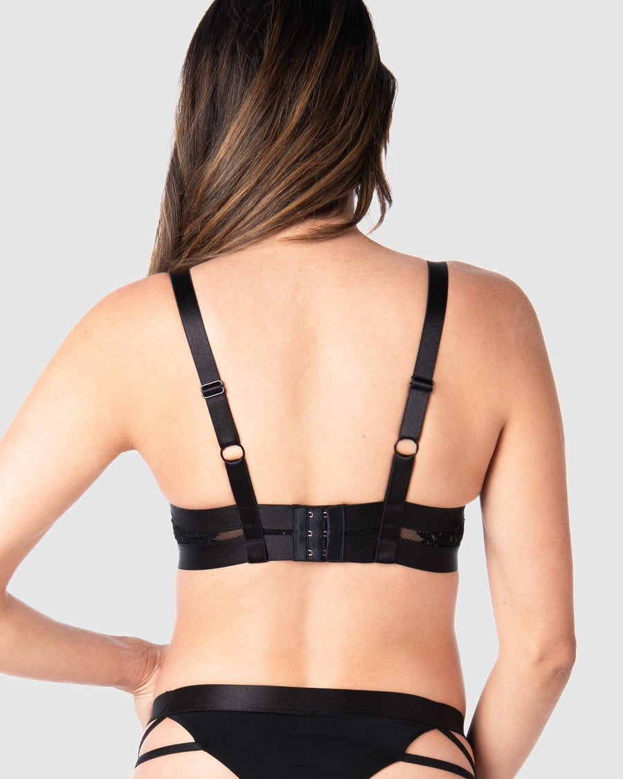Rear view of the Goddess Black nursing and maternity bra by Hotmilk Lingerie US, featuring floral lace design and contemporary strap detailing. Explore its alluring styles for special occasions with a touch of sexiness