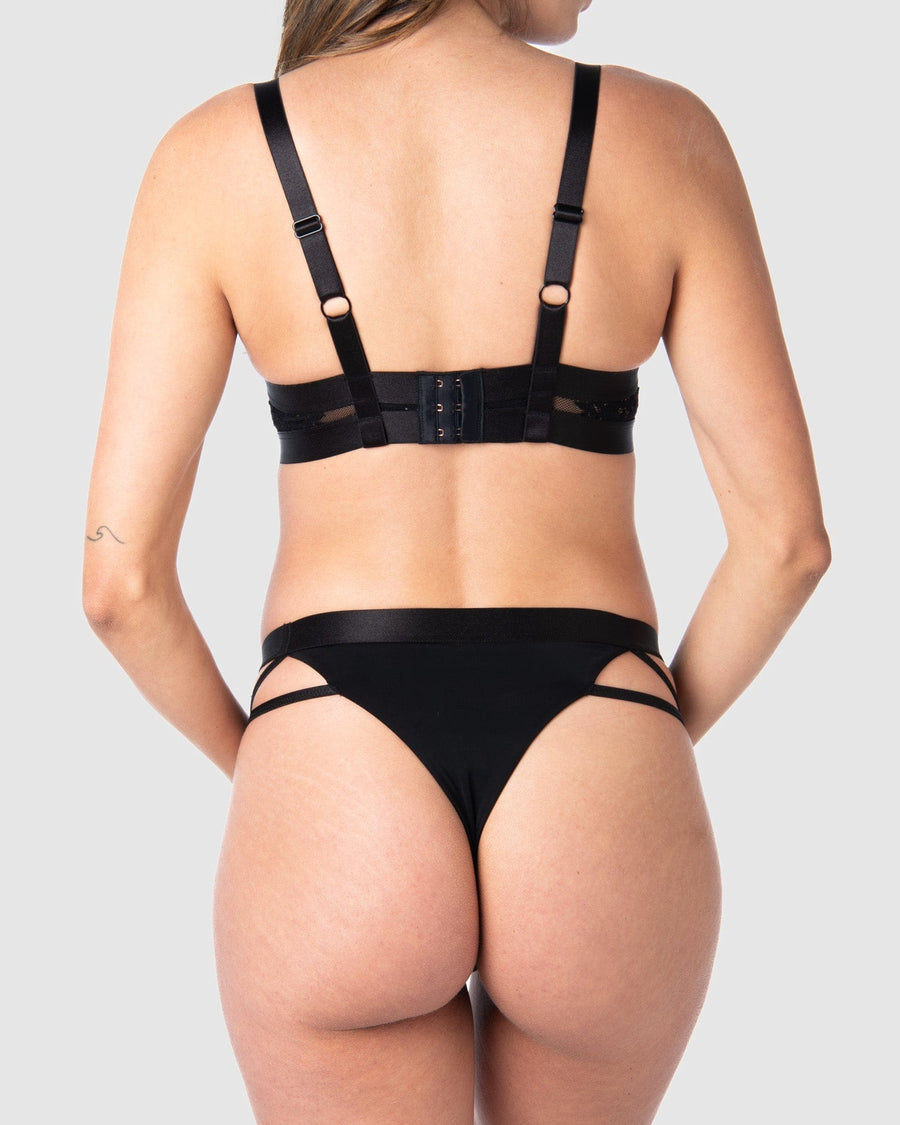 Rear view of Hotmilk Lingerie's Goddess G-string, worn by Kami, an expectant mother of 2. Experience comfort and allure seamlessly combined, showcasing that style never needs to be compromised
