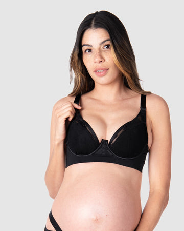 Captivating and glamorous plunging maternity and nursing bra accentuates Kami, mother of 2, as an individual. Hotmilk Lingerie crafts nursing and maternity bras that embrace your unique journey