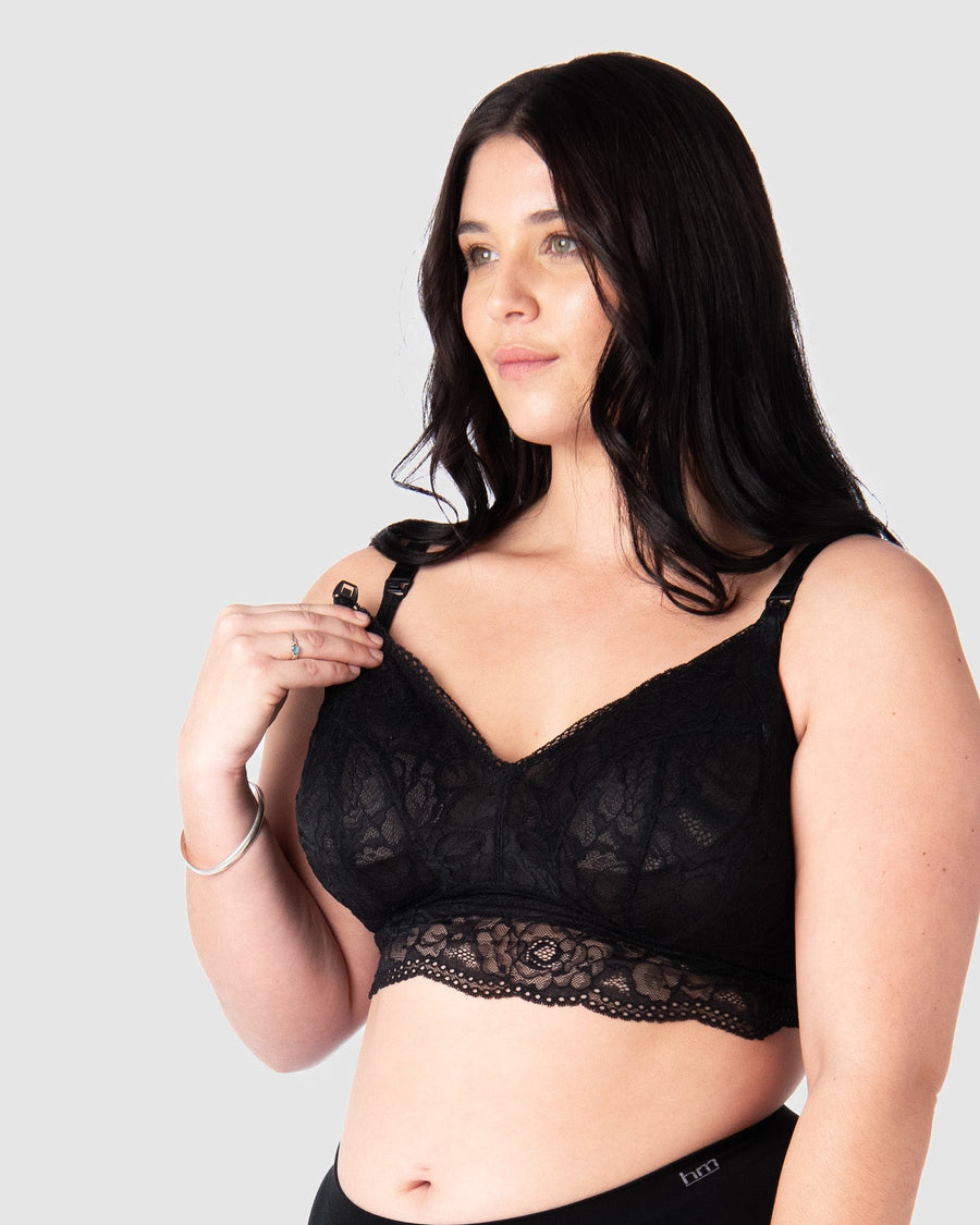Olivia demonstrating the nursing clip on Hotmilk Lingerie's best-selling Heroine Nursing bralette, an ideal crop-style nursing bra designed for uncertain bra sizes. Crafted with soft sheer lace, this multifit crop nursing bra is perfect for the postpartum period