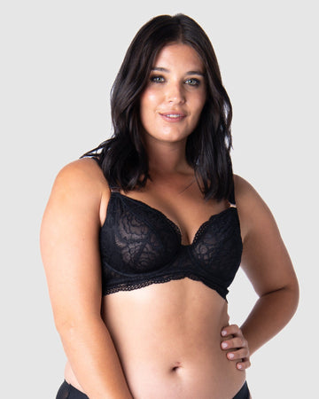 Whether you're a mom-to-be or already embracing motherhood, the Heroine Plunge Black Nursing Bra by Hotmilk Lingerie is a must-have addition to your maternity and nursing essentials. Olivia wearing 14/36D showcases the Heroine Plunge Black, featuring sheer lace elegance