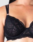Discover the Exquisite Sheer Lace Cup in Heroine Plunge Black Nursing Bra by Hotmilk Lingerie - A Maternity and Nursing Must-Have! Magnetic Nursing Clips Blend Style with Convenience