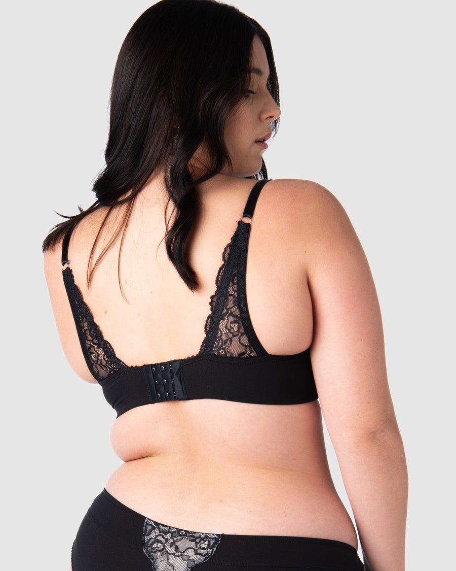 The Temptation Black Maternity and Nursing Bra features fully adjustable straps and a convertible racerback, offering versatile support tailored to your style. Its soft lace back, equipped with 6 rows of hook and eye closures, accommodates every stage of pregnancy and postpartum. Hotmilk Lingerie excels in creating nursing bras that seamlessly blend sensuality and functionality