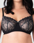 Close-up of Hotmilk's award-winning Temptation in Black, highlighting intricate soft black lace detailing that adds elevated style to this Flexi underwire maternity and nursing bra. Expertly designed for date nights, special occasions, and comfortable all-day wear