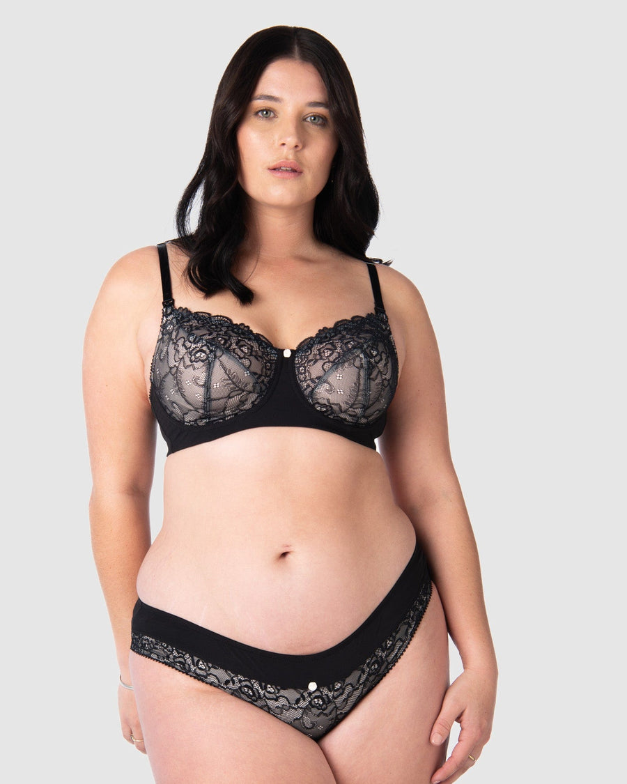 Hotmilk Lingerie's acclaimed Temptation in black showcases sheer lace over cotton cups. Renowned for providing expert support for larger cup sizes up to M cup, this bra offers elevated maternity and nursing styles that prioritize all-day comfort, support, and style
