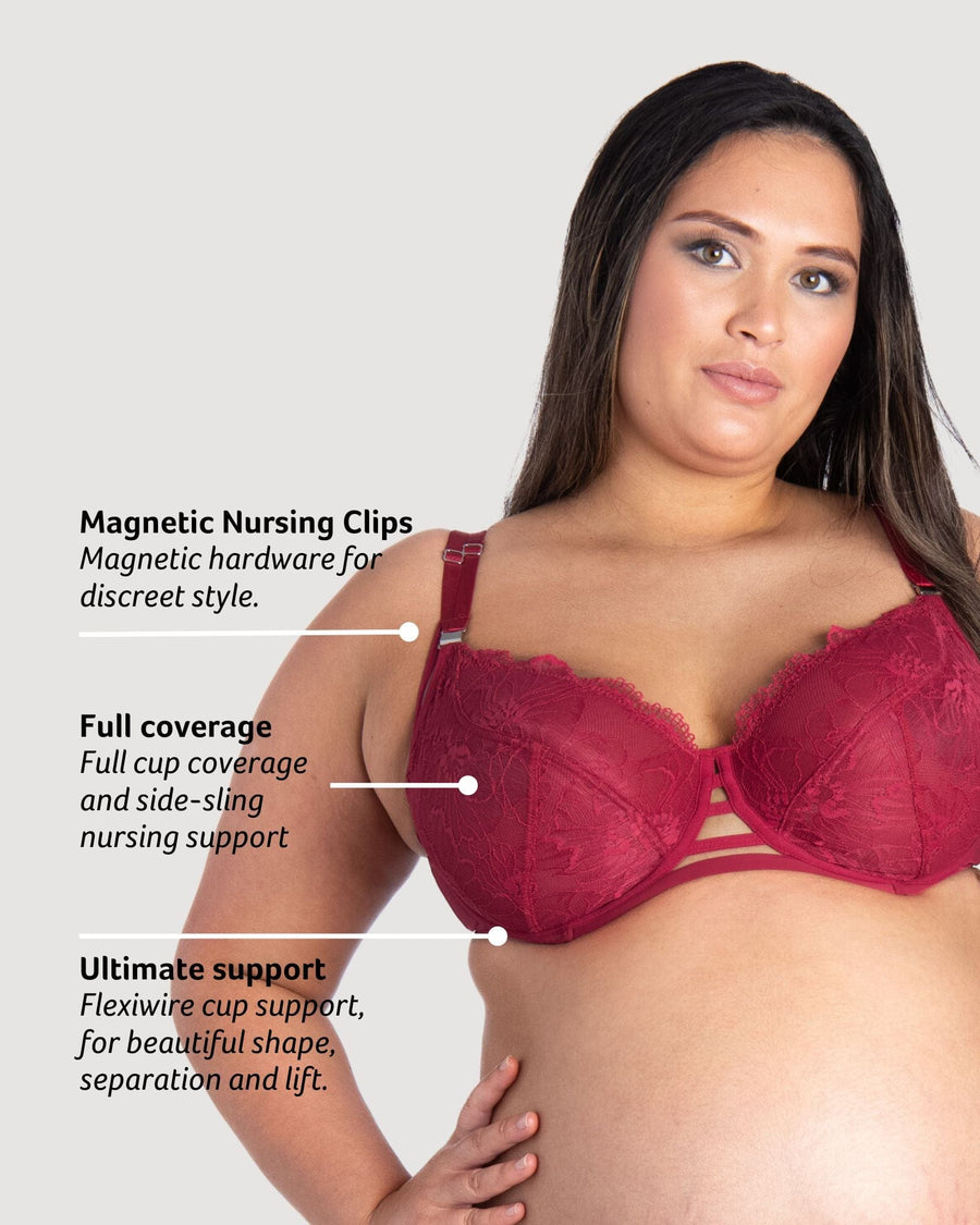 Discover the Key Features of Hotmilk Lingerie's True Luxe  Persian Rose Maternity and Nursing Bra. Experience the Sensual Comfort of Flexi Underwire, Elevating Your Maternity Wardrobe to a New Level of Style and Functionality