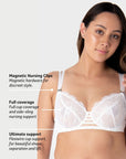 Discover the Key Features of Hotmilk Lingerie's True Luxe  White Maternity and Nursing Bra. Experience the Sensual Comfort of Flexi Underwire, Elevating Your Maternity Wardrobe to a New Level of Style and Functionality