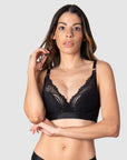 Kami,  a mama of two, relishes the comfort and lift provided by Hotmilk's Warrior Plunge Black Flexiwire Maternity and Nursing Bra. With its plunging neckline, stylish graphic lace accentuating a half contour cup, this bra seamlessly combines allure with functionality. The inclusion of magnetic nursing clips adds a contemporary touch to this innovative nursing bra