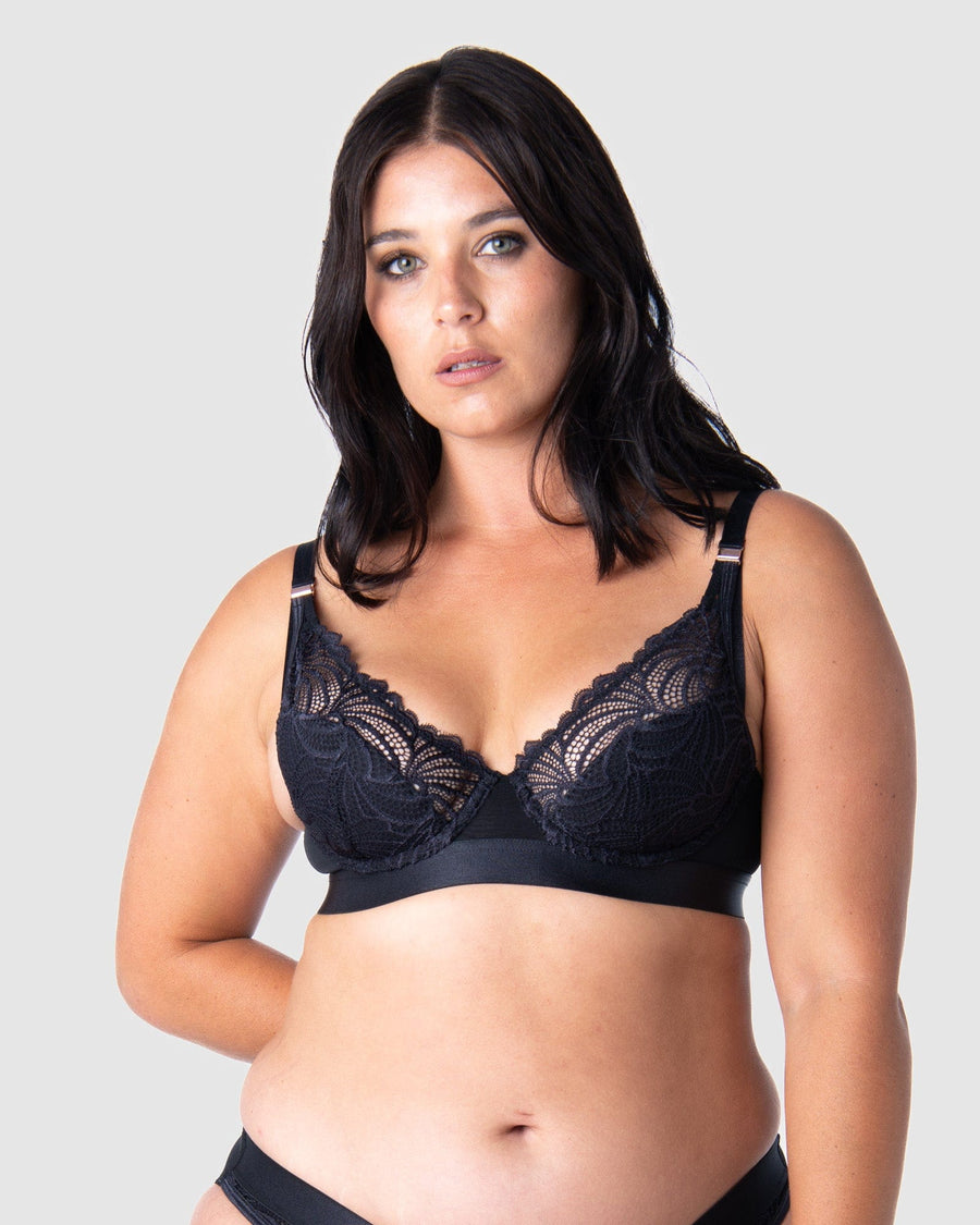 Olivia, defined in Hotmilk Lingeries Warrior Plunge, flexiwire support with a contour cup for mostesy. Plunge graphic lace style, styling pregnancy and breastfeeding as your own