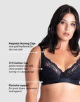 Discover the exceptional features of the Hotmilk Lingerie Warrior Plunge Nursing and Breastfeeding Bra in Black, showcased by Olivia. Explore the convenience of magnetic nursing clips, the support of contour cups, and the flexibility of flexi underwire—all integral elements of this stylish and functional bra