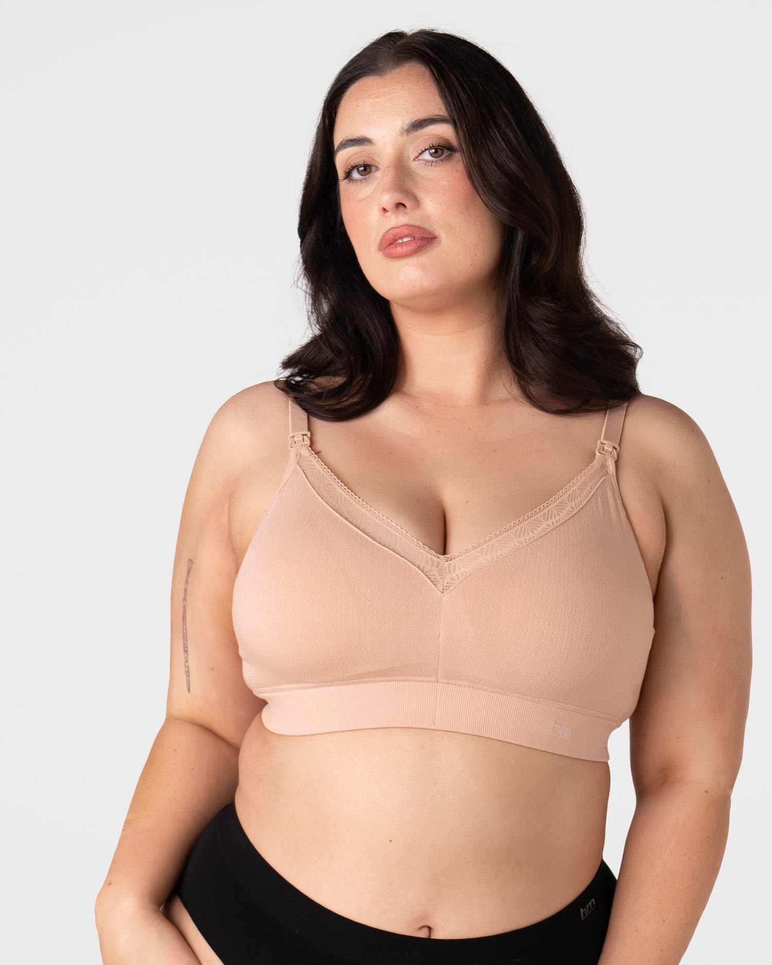 Hotmilk Caress FlexFit Nursing Bra in Cashmere Busty – lifestyle shot, soft bamboo nursing bra designed for fuller cup sizes DDD to I during pregnancy and breastfeeding
