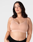 Hotmilk Caress FlexFit Nursing Bra in Cashmere Busty – lifestyle shot, soft bamboo nursing bra designed for fuller cup sizes DDD to I during pregnancy and breastfeeding