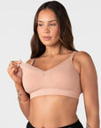 Hotmilk Caress FlexFit Nursing Bra in Cashmere – close-up of traditional one-handed nursing clip and side-sling for easy breastfeeding access and skin-to-skin contact