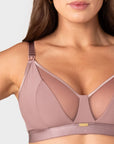 Close-up of sheer mesh plunge neckline on Hotmilk Flawless nursing bra in Rose Dust, made from certified recycled nylon