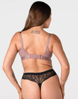 Rear view of Hotmilk Flawless breastfeeding bra in Rose Dust with adjustable straps and extended hook closure, wirefree maternity support