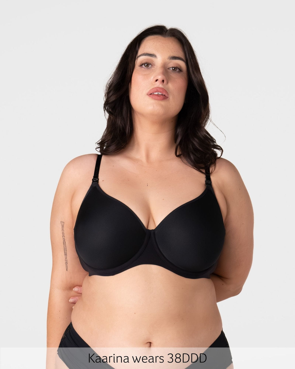 Kaarina wears size 38DDD in the Forever New black nursing bra with flexiwire support and ¾ coverage contour cups for fuller busts
