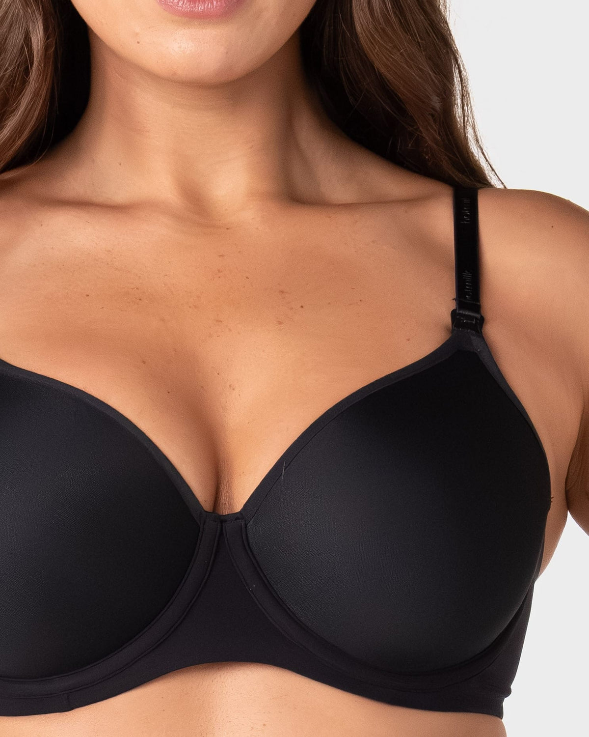 Close up of the Forever New black maternity bra showing ultra-light spacer foam contour cup, flexiwire support and Hotmilk branded strap