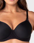 Close up of the Forever New black maternity bra showing ultra-light spacer foam contour cup, flexiwire support and Hotmilk branded strap