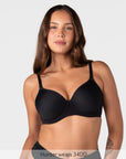Hunter wears size 34DD in the Forever New black t-shirt nursing bra with seamless spacer foam cups for a smooth everyday fit