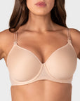 Hotmilk Forever New T-Shirt Nursing Bra in Frappe – close-up front view showing smooth moulded cups, low centre front, and branded adjustable straps
