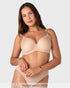 Model wearing the Hotmilk Forever New T-Shirt Nursing Bra in Frappe with matching briefs – full body front view showing flattering silhouette and everyday fit