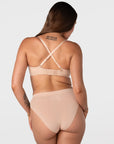 Rear view of the Hotmilk Forever New T-Shirt Nursing Bra in Frappe worn in racerback configuration – showing crossed adjustable straps and multi-hook back closure