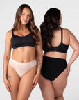 Two models wearing the Hotmilk My Necessity Seamless Bikini Briefs – front and rear view showing Black and Frappe colourways, paired with the My Everyday Nursing Bra in Black, showcasing inclusive sizing