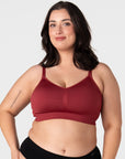 Hotmilk My Necessity 2.0 FlexFit Nursing Bra in Cherry – lifestyle shot, wirefree seamless nursing bra ideal for hospital, sleep and everyday wear during pregnancy and postpartum