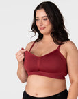 Hotmilk My Necessity 2.0 FlexFit Nursing Bra in Cherry Busty – close-up of one-handed drop-down nursing cup and side-sling for easy breastfeeding access and skin-to-skin contact
