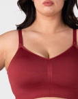 Hotmilk My Necessity 2.0 FlexFit Nursing Bra in Cherry – detail of ultra-soft recycled nylon fabric with removable contour cups, seamless FlexFit nursing bra in Cherry