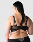 back view of Hotmilk Lingerie's best-selling Heroine Nursing bralette, an ideal crop-style nursing bra designed for uncertain bra sizes. A wide soft sheer lace band with 6 eye hooks creates a smooth profile. Perfect for your hospital bag,  this multi-fit crop nursing bra is perfect for the postpartum period when your size is changing
