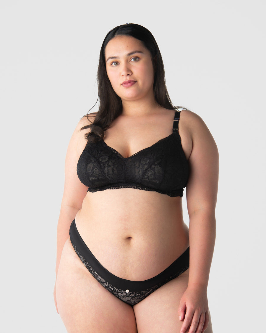 Tiare wears the best-selling sheer lace nursing bralette from Hotmilk Lingerie US. The Heroine nursing bralette is essential for hospital bags and an ideal gift for new mothers. This versatile crop-style nursing bra adapts to varying cup sizes, simplifying postpartum breastfeeding