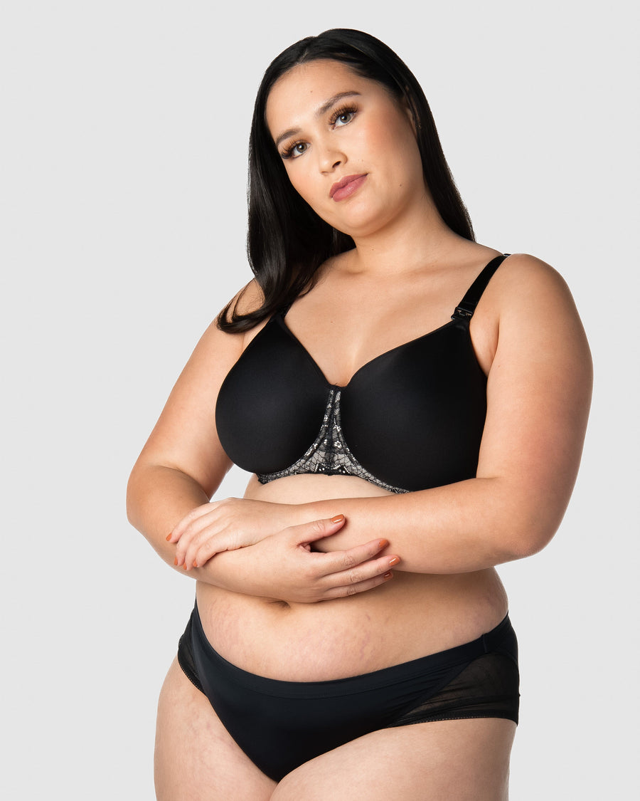 HOTMILK US OBSESSION JET BLACK CONTOUR NURSING MATERNITY BRA - FLEXI UNDERWIRE MATCHED WITH LUNAR ECLIPSE MATERNITY BIKINI BRIEF