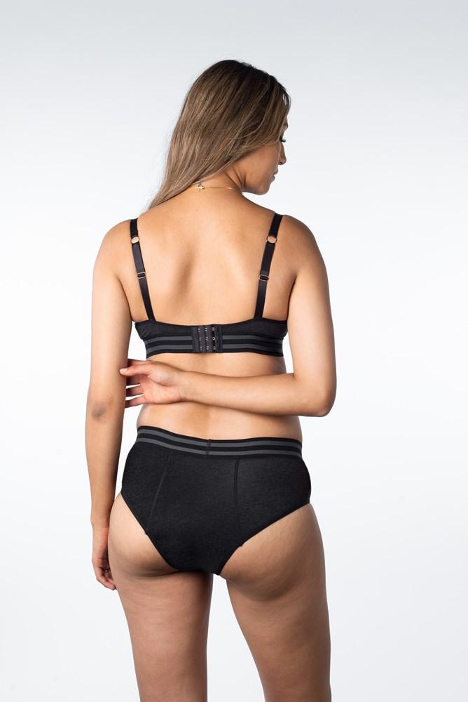 HOTMILK ELEVATE BLACK MODERATE LEAKPROOF MATERNITY PREGNANCY HI BRIEF MATCHED WITH  ELEVATE COTTON BLACK T-SHIRT NURSING BRA - WIREFREE