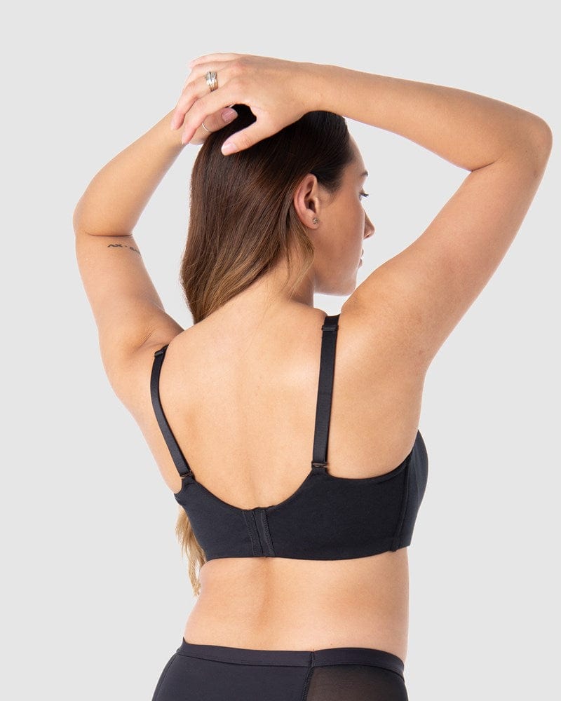 Tatiana, a one-child breastfeeding mother, showcases the standard back option of Hotmilk Lingerie's groundbreaking Embrace Leakproof Bra, setting a new standard for the classic T-shirt bra. Now available in New Zealand at handpicked specialty lingerie boutiques and online through Hotmilk Lingerie US