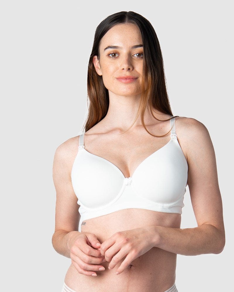 Emily, mother of 1, adorned in Hotmilk Lingerie's Forever Yours maternity and nursing bra, offering a sleek t-shirt appearance with its gentle padding for seamless breastfeeding convenience