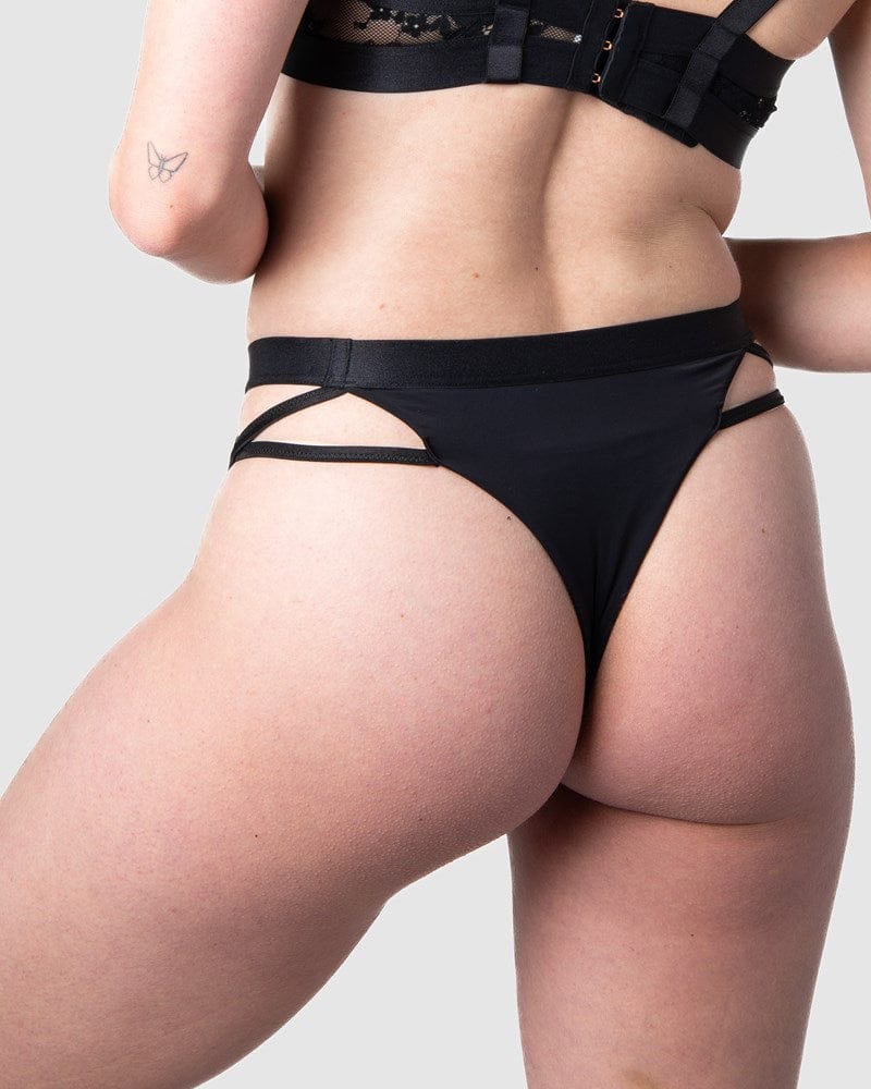 Rear view of Hotmilk Lingerie's Goddess G-string, elegantly worn by Emily, a mother of 1 in the postpartum phase. Discover the perfect blend of comfort and allure, underscoring the notion that style need not be compromised