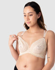 Tatiana, mother of 1, showcases the comfort and style of Hotmilk Lingerie US's Heroine Plunge maternity and nursing bra. The elegant rose gold hardware nursing clip adds a signature modern twist to the style of nursing and maternity bras designed for the modern mother