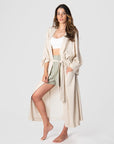 Kama, a mother of 2, showcases the new Hotmilk Linen Blend Lounge Robe postpartum. With a versatile 3/4 length design suitable for all heights, deep pockets, and a luxurious everyday feel, this robe elevates your motherhood journey to new heights. Mix and Match with Lounge Shorts and My Necessity Nursing bra for the ultimate set