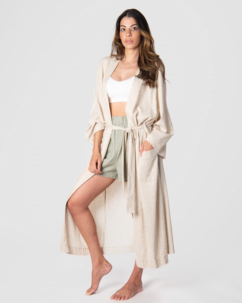 Kama, a mother of 2, showcases the new Hotmilk Linen Blend Lounge Robe postpartum. With a versatile 3/4 length design suitable for all heights, deep pockets, and a luxurious everyday feel, this robe elevates your motherhood journey to new heights. Mix and Match with Lounge Shorts and My Necessity Nursing bra for the ultimate set