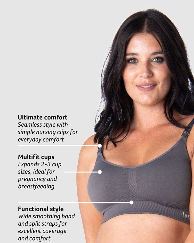 Uncover the Unique Features of Hotmilk Lingerie's My Necessity Wirefree Maternity and Nursing Bra. Witness Olivia Showcasing the Pinnacle of Comfort and Style with Seamless Design, Full Cup Coverage, Unparalleled Uplift, and an Extendable Band with 6 Rows of Hook and Eyes. Elevate Your Maternity Experience in the Best Seamfree Nursing Bra, Radiant in the Striking New Color Slate