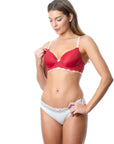 HOTMILK FOREVER YOURS MATERNITY NURSING BREASTFEEDING LACE RED CONTOUR NURSING BRA - FLEXI UNDERWIRE WITH SHOW OFF IVORY BIKINI BRIEFS